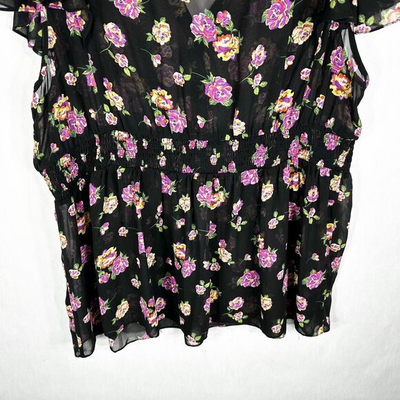 Torrid Plus Size 3X Top Floral Flutter Cap Sleeve Black Purple Smocked Sheer 458 - Picture 7 of 9